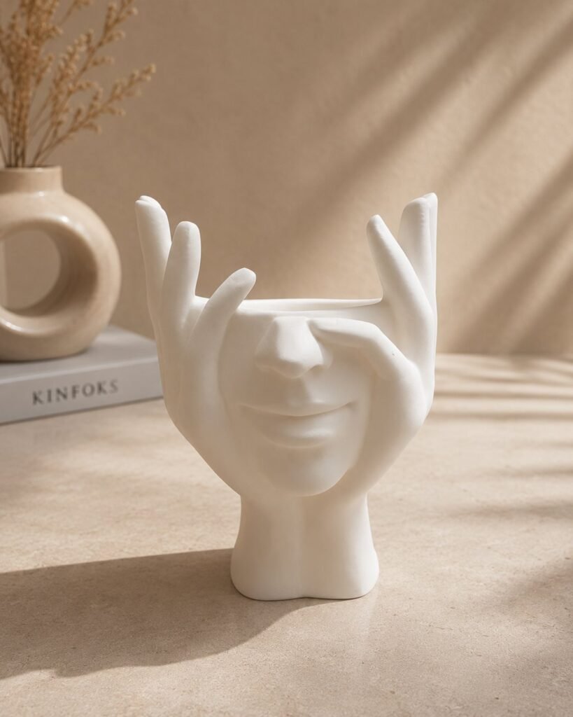 Abstract Face Hand Vase in white, 3D printed vase on a warm neutral surface