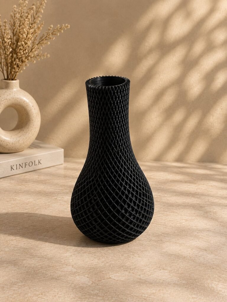 Black Diamond Mesh Decorative Vase on a warm neutral surface