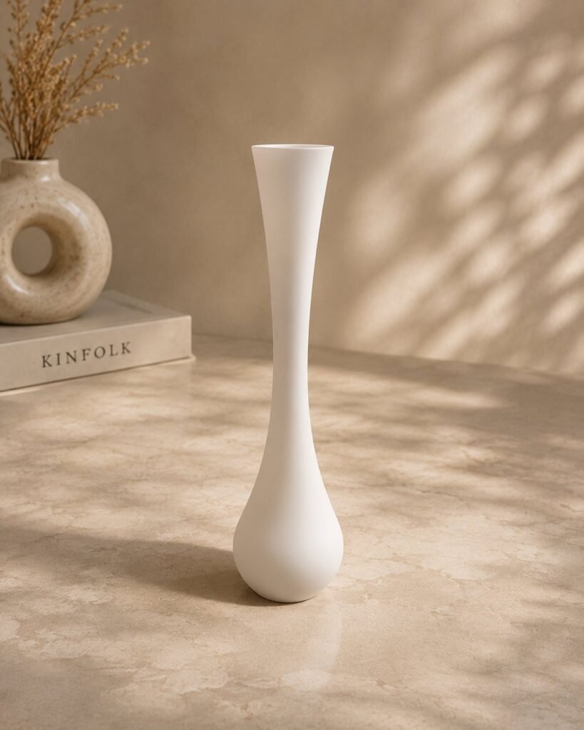 Elegant Long Neck Bud Vase in white on a warm neutral surface