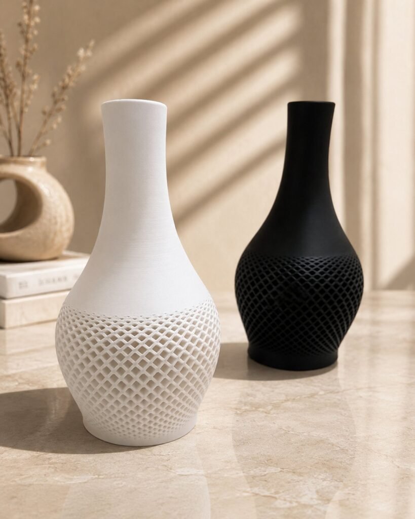 Lattice Bloom Vase in white and black on a warm neutral surface
