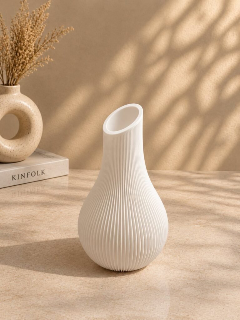 Ribbed Decorative Vase in off white on a warm neutral surface